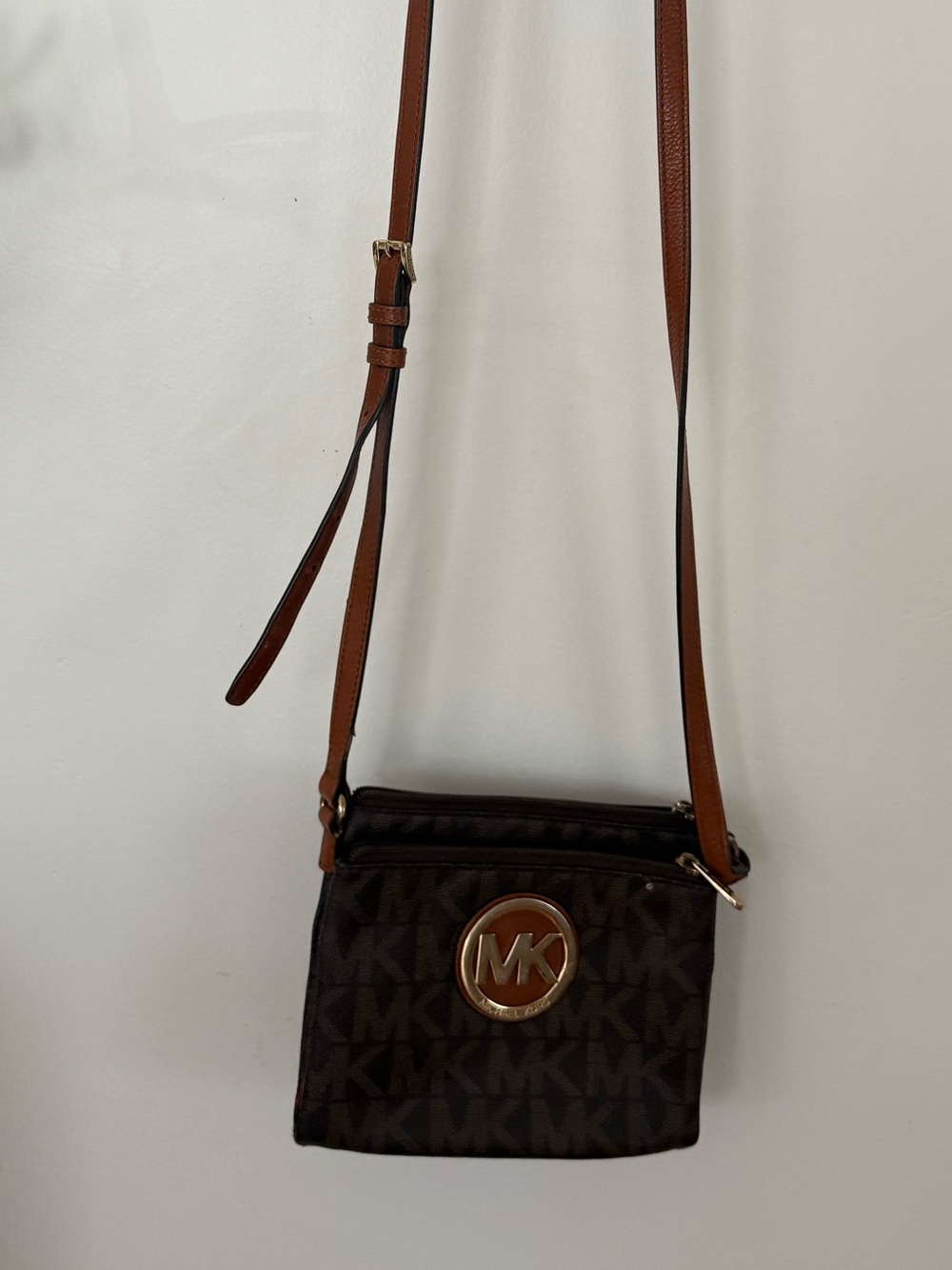 Michael Kors Brown Logo MK Round Emblem Crossbody Bag